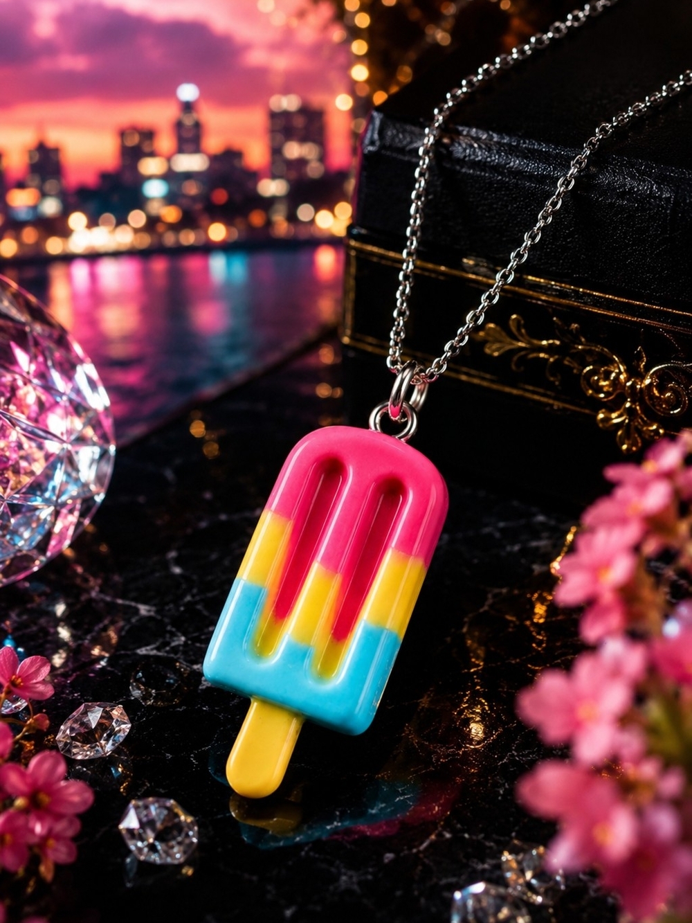 Colorful Popsicle Pendant Necklace - Pink Yellow Blue